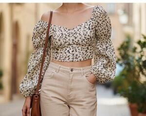 Altar'd State Prairie Boho Crop Top XXS Smocked Balloon Puff Sleeves NWT